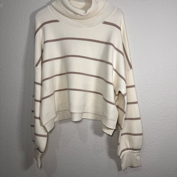Free People Cream and Tan Striped Turtleneck Sweater Women's Large - Picture 2 of 8